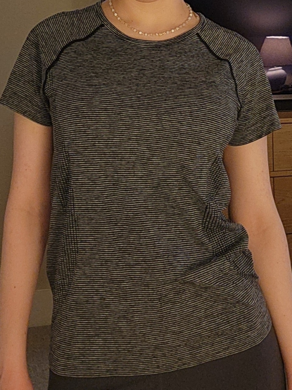 Women’s Workout Short-Sleeve Crewneck Tee in Black and Gray Stripe - Size M
